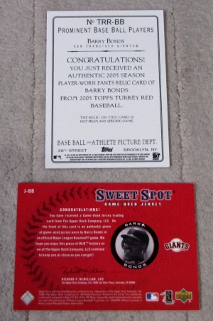 (2) Barry Bonds Pants & Jersey Relics 2005 Topps & 2001 Sweet Spot back